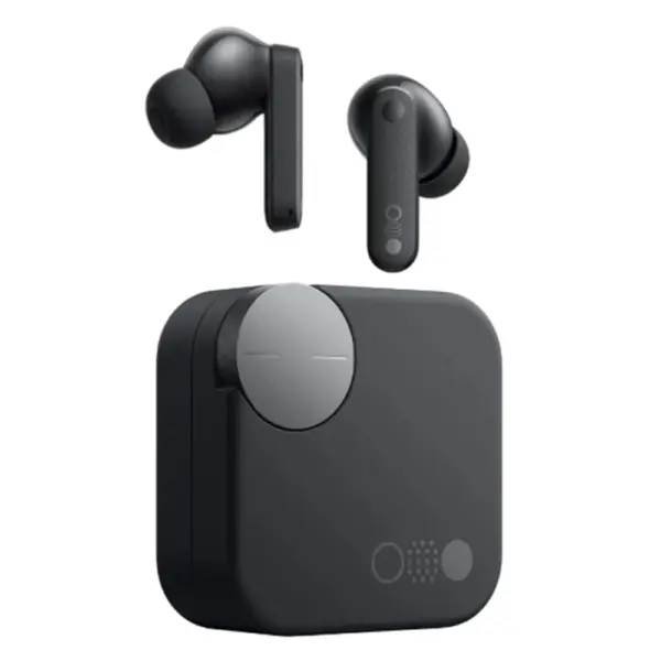 نمای نزدیک هدفون بلوتوث ناتینگ سی‌ام‌اف مدل CMF Buds Pro 2 با کیس و دایال فلزی