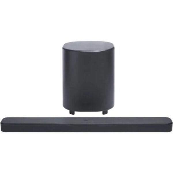 ساندبار JBL Bar 500 MK2 با ساب‌ووفر بی‌سیم در کنار تلویزیون