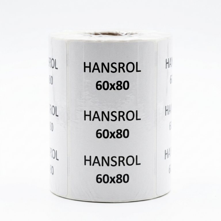 رول لیبل حرارتی هانسرول ۶۰×۸۰ میلی‌متر مناسب پرینتر لیبل‌زن فوممو روی زمینه سفید