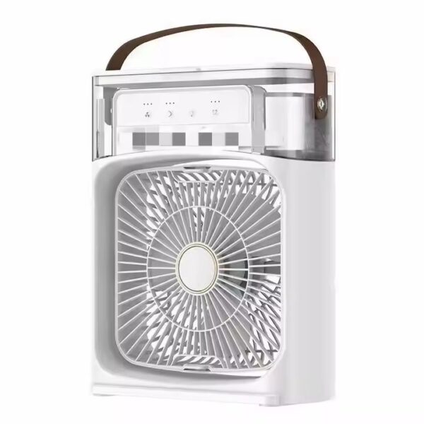 کولر آبی رومیزی سه‌کاره با چراغ LED روشن روی میز کار