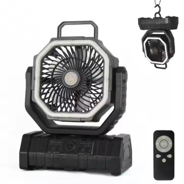 پنکه شارژی کمپینگ F6 با چراغ LED روشن در شب طبیعت